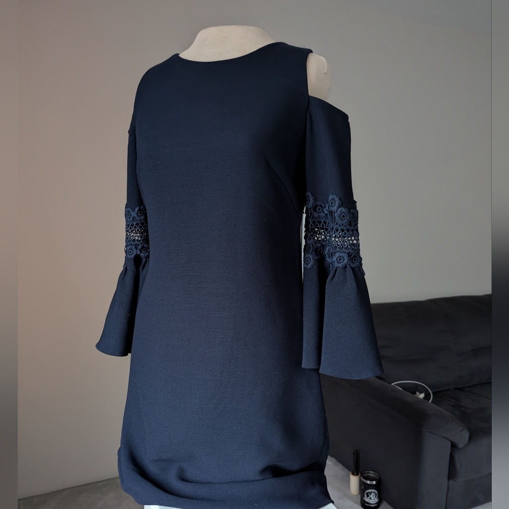 Navy Eliza J Floral Cutout Embroidered Bell Sleeve Dress